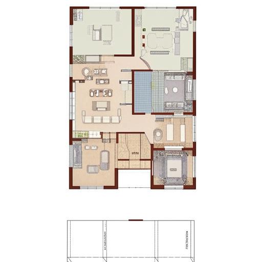 An architectural layout of a two-story home. The ground floor features a hall, a bedroom with an attached bathroom, and a kitchen-dining combination. The first floor includes an open terrace, a French-door bedroom with an ensuite, and a guest room with a built-in wardrobe.