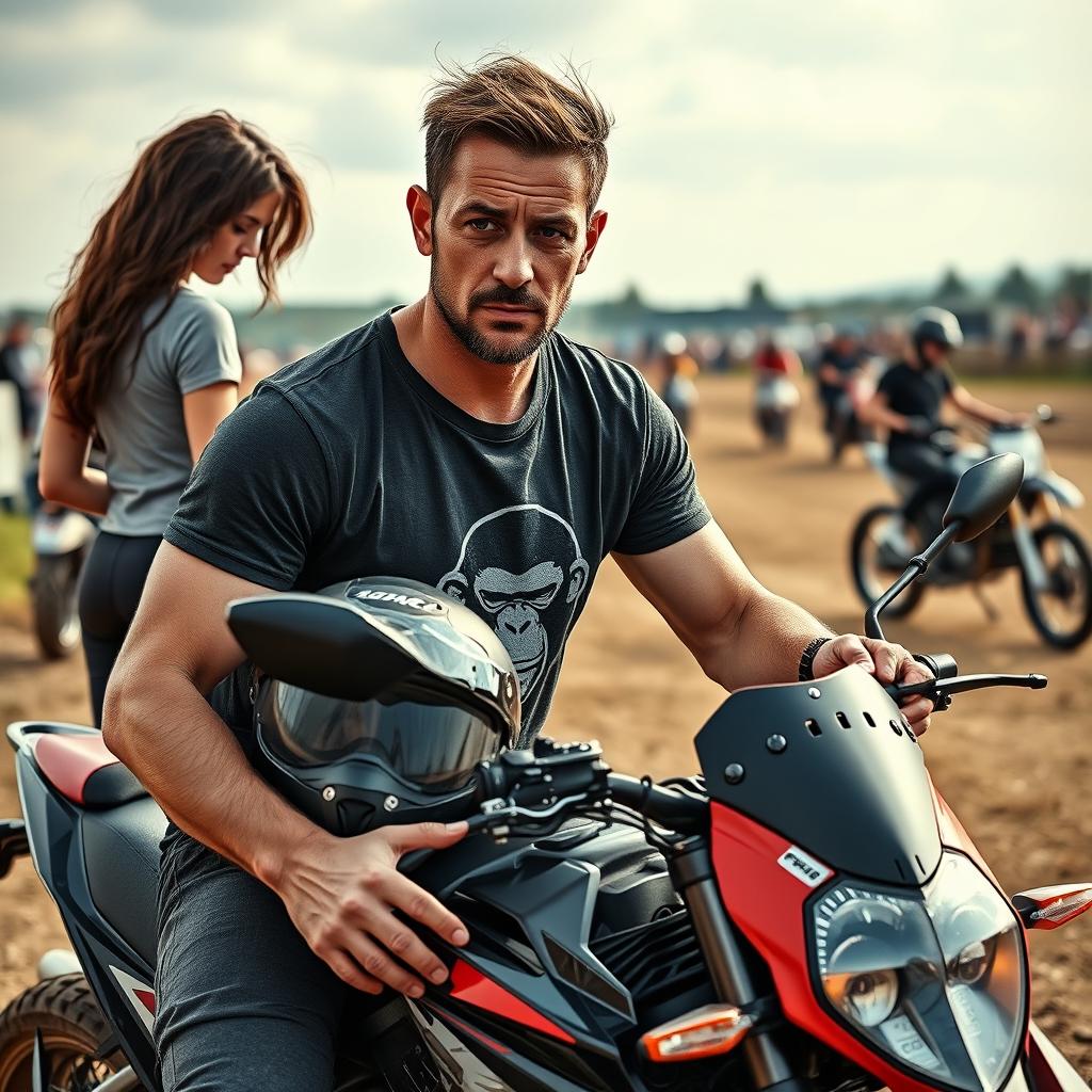 A man sitting on a dual-purpose motorcycle, holding his helmet, appearing tired and sweaty