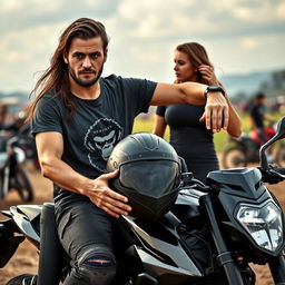 A man sitting on a dual-purpose motorcycle, holding his helmet, appearing tired and sweaty