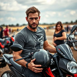 A man sitting on a dual-purpose motorcycle, holding his helmet, appearing tired and sweaty