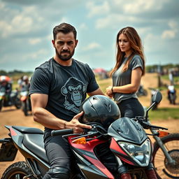 A man sitting on a dual-purpose motorcycle, holding his helmet, appearing tired and sweaty