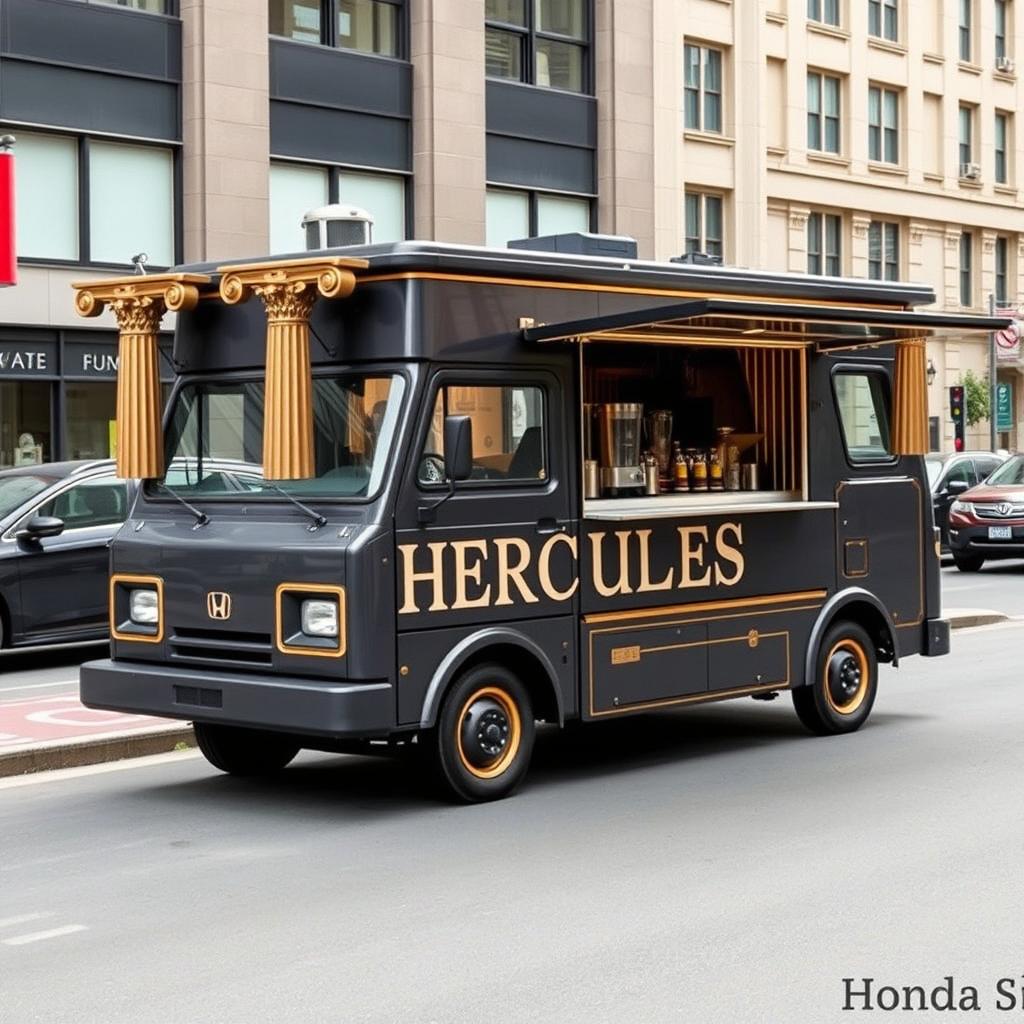 A unique 1996 Honda Acty food truck serving protein shakes, painted in dark grey with sophisticated gold trimming