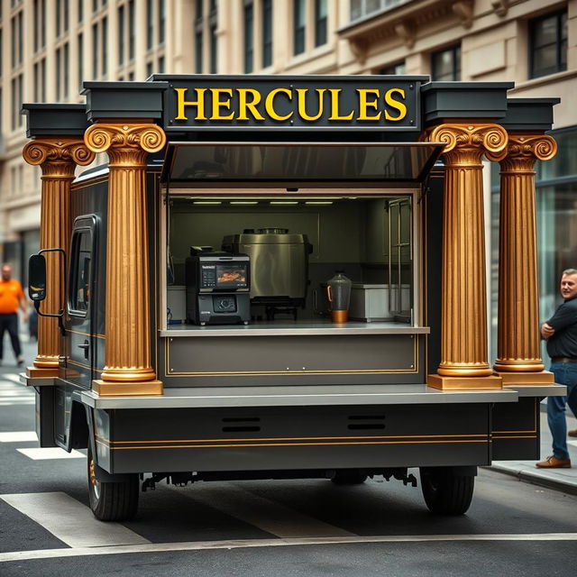 A unique 1996 Honda Acty food truck serving protein shakes, painted in dark grey with sophisticated gold trimming