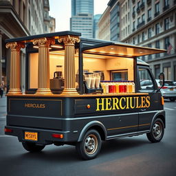 A 1996 Honda Acty transformed into a distinctive protein shake food truck, finished in sleek dark grey with elegant gold trimming