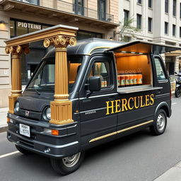 A 1996 Honda Acty transformed into a distinctive protein shake food truck, finished in sleek dark grey with elegant gold trimming