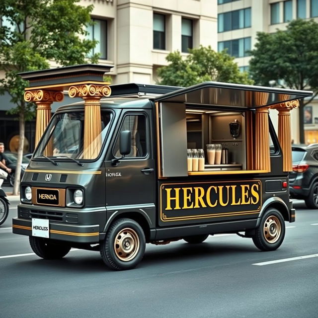 A 1996 Honda Acty transformed into a distinctive protein shake food truck, finished in sleek dark grey with elegant gold trimming