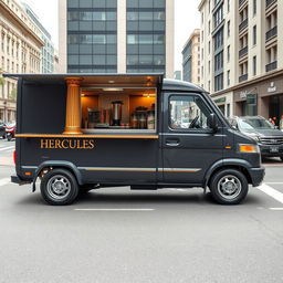 A 1996 Honda Acty transformed into a distinctive protein shake food truck, finished in sleek dark grey with elegant gold trimming