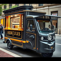 A customized 1996 Honda Acty transformed into a sophisticated protein shake food truck, painted in dark grey with elegant gold trimming