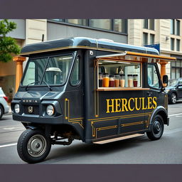 A customized 1996 Honda Acty transformed into a sophisticated protein shake food truck, painted in dark grey with elegant gold trimming