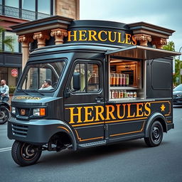 A customized 1996 Honda Acty transformed into a sophisticated protein shake food truck, painted in dark grey with elegant gold trimming