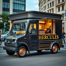 A customized 1996 Honda Acty transformed into a sophisticated protein shake food truck, painted in dark grey with elegant gold trimming