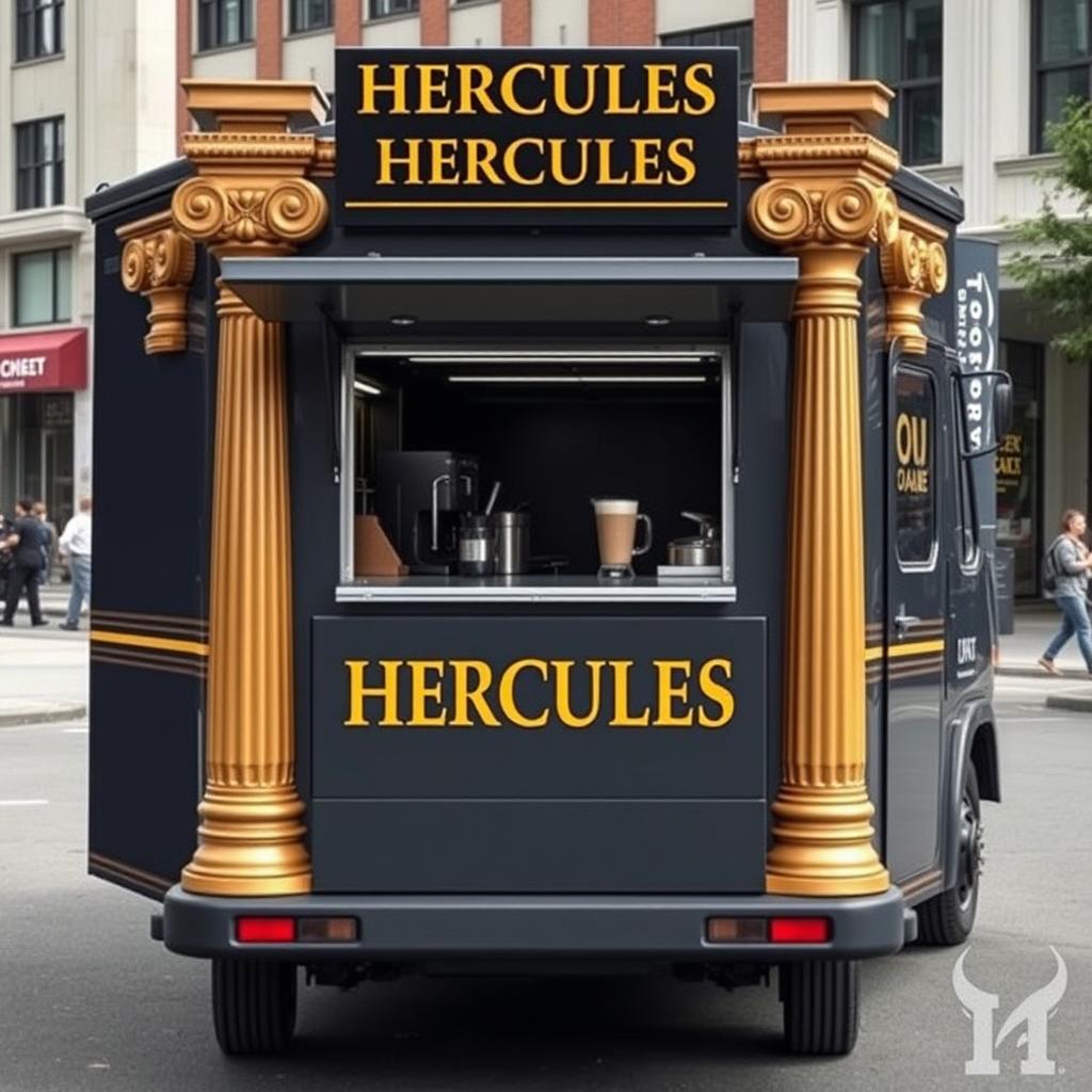 A customized 1996 Honda Acty protein shake food truck, painted in dark grey with elegant gold trimming, prominently featuring the name "HERCULES" in a bold, Roman-inspired font