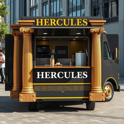 A customized 1996 Honda Acty protein shake food truck, painted in dark grey with elegant gold trimming, prominently featuring the name "HERCULES" in a bold, Roman-inspired font