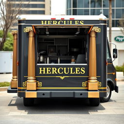 A customized 1996 Honda Acty protein shake food truck, painted in dark grey with elegant gold trimming, prominently featuring the name "HERCULES" in a bold, Roman-inspired font