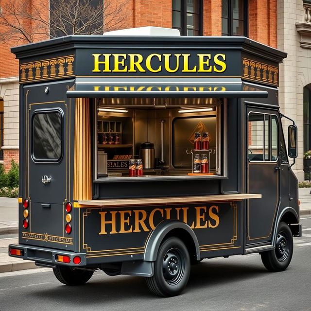 A customized 1996 Honda Acty protein shake food truck, painted in dark grey with elegant gold trimming, prominently featuring the name "HERCULES" in a bold, Roman-inspired font