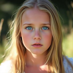 A beautiful young woman with long blonde hair and striking blue eyes gazes with a longing look