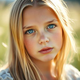 A beautiful young woman with long blonde hair and striking blue eyes gazes with a longing look