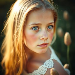 A beautiful young woman with long blonde hair and striking blue eyes gazes with a longing look