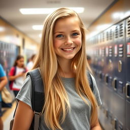 A beautiful teenage girl with long blonde hair and sparkling blue eyes, smiling confidently as she stands in a school hallway