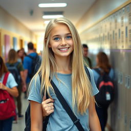 A beautiful teenage girl with long blonde hair and sparkling blue eyes, smiling confidently as she stands in a school hallway