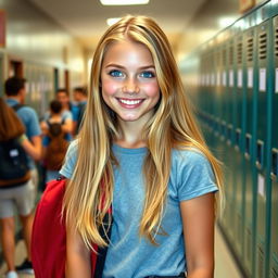 A beautiful teenage girl with long blonde hair and sparkling blue eyes, smiling confidently as she stands in a school hallway