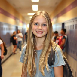 A beautiful teenage girl with long blonde hair and sparkling blue eyes, smiling confidently as she stands in a school hallway