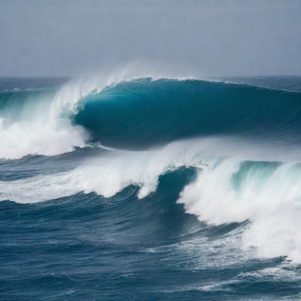 An expansive ocean with a giant, towering wave about to crash, and a small boat bravely navigating through the roaring sea.