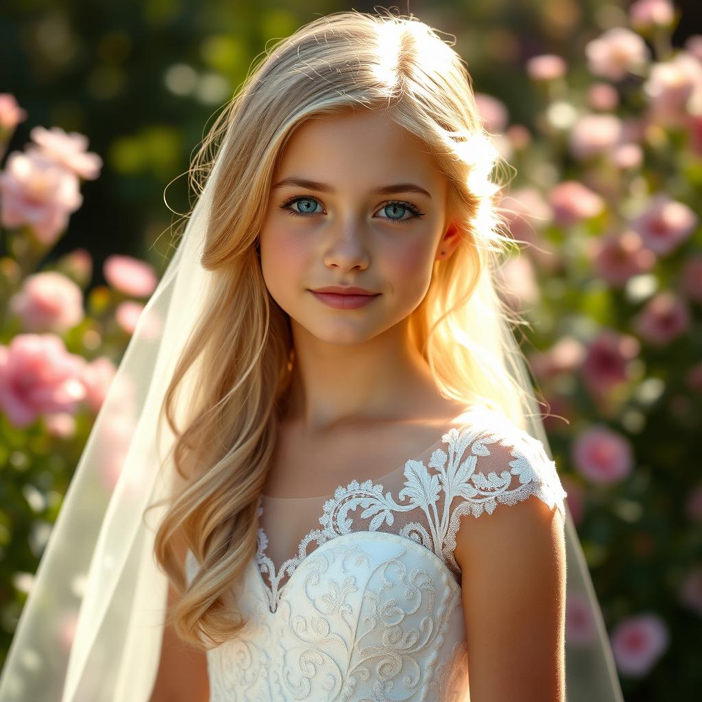 A beautiful teenage girl with long blonde hair and captivating blue eyes, wearing an elegant wedding dress