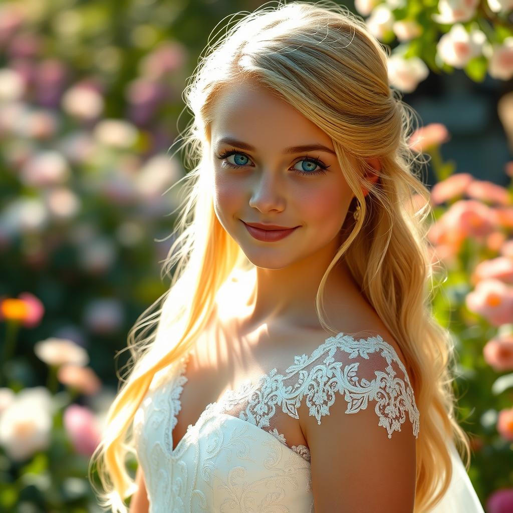 A beautiful teenage girl with long blonde hair and captivating blue eyes, wearing an elegant wedding dress