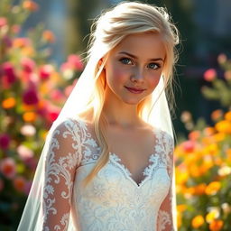 A beautiful teenage girl with long blonde hair and captivating blue eyes, wearing an elegant wedding dress