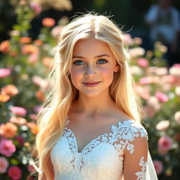 A beautiful teenage girl with long blonde hair and captivating blue eyes, wearing an elegant wedding dress