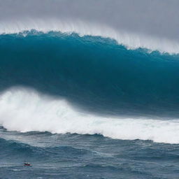 An expansive ocean with a giant, towering wave about to crash, and a small boat bravely navigating through the roaring sea.