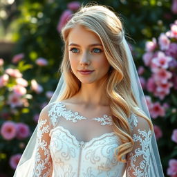 A beautiful teenage girl with long blonde hair and enchanting blue eyes, wearing a magnificent wedding dress