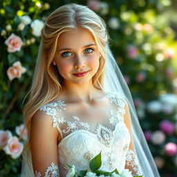 A beautiful teenage girl with long blonde hair and enchanting blue eyes, wearing a magnificent wedding dress