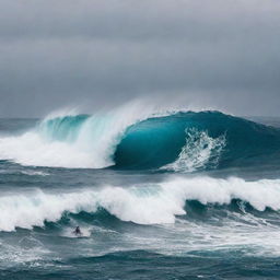 An expansive ocean with a giant, towering wave about to crash, and a small boat bravely navigating through the roaring sea.