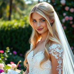 A beautiful teenage girl with long blonde hair and enchanting blue eyes, wearing a magnificent wedding dress