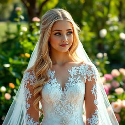 A beautiful teenage girl with long blonde hair and enchanting blue eyes, wearing a magnificent wedding dress