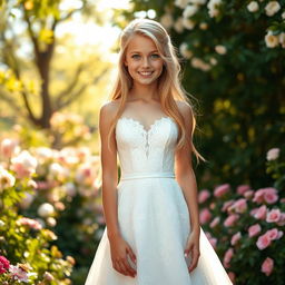 A beautiful teenage girl with a slender body, long natural blonde hair, and sparkling blue eyes, radiating happiness in an exquisite wedding dress