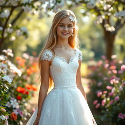 A beautiful teenage girl with a slender body, long natural blonde hair, and sparkling blue eyes, radiating happiness in an exquisite wedding dress