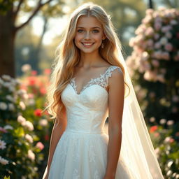 A beautiful teenage girl with a slender body, long natural blonde hair, and sparkling blue eyes, radiating happiness in an exquisite wedding dress