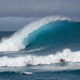 An expansive ocean with a giant, towering wave about to crash, and a small boat bravely navigating through the roaring sea.