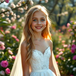 A beautiful teenage girl with a slender body, long natural blonde hair, and sparkling blue eyes, radiating happiness in an exquisite wedding dress