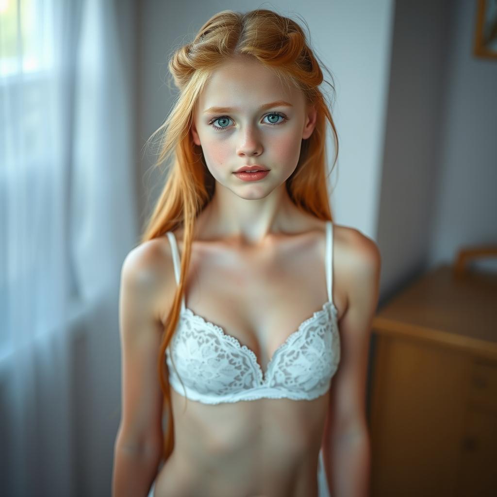 A beautiful teenage girl with a slender body, long ginger hair, and mesmerizing green eyes