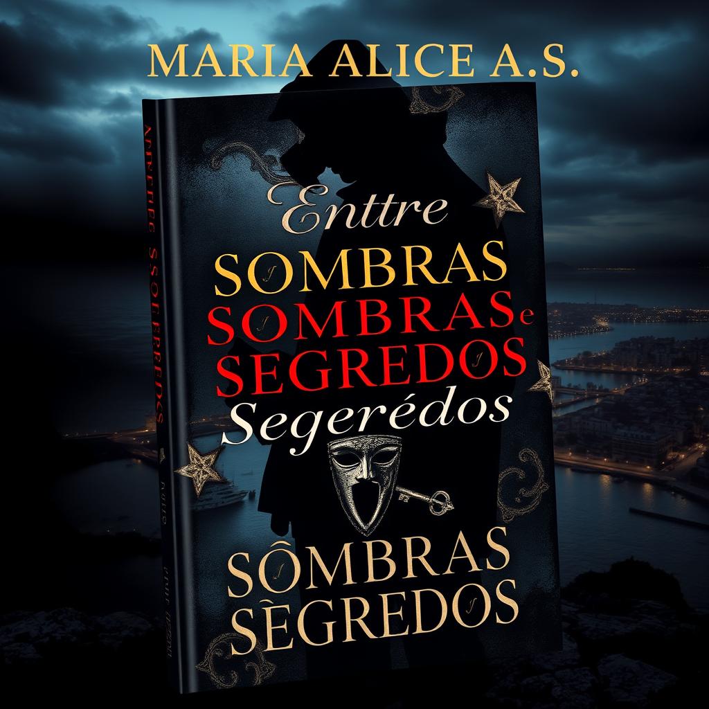 A mysterious and sophisticated book cover titled "Entre Sombras e Segredos" by Maria Alice A