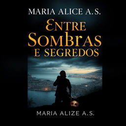 A mysterious and sophisticated book cover titled "Entre Sombras e Segredos" by Maria Alice A