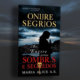 A mysterious and sophisticated book cover titled "Entre Sombras e Segredos" by Maria Alice A