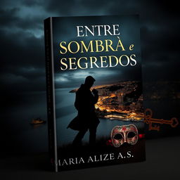 A mysterious and sophisticated book cover titled "Entre Sombras e Segredos" by Maria Alice A