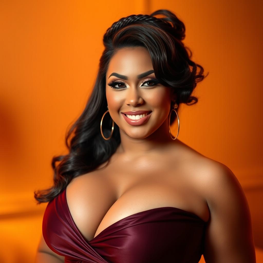 A confident and alluring BBW woman with a captivating presence, wearing elegant attire that accentuates her curves