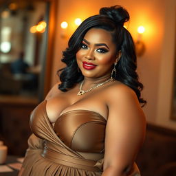 A confident and alluring BBW woman with a captivating presence, wearing elegant attire that accentuates her curves