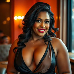 A confident and alluring BBW woman with a captivating presence, wearing elegant attire that accentuates her curves